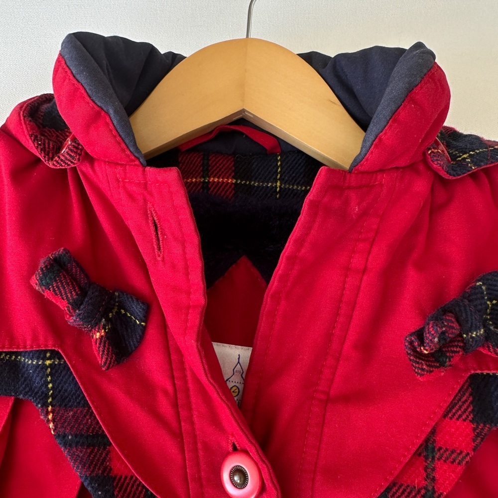 London Fog -Vintage Pleated Coat -Red with Plaid Details -Detachable Hood-Size2 - Picture 6 of 13
